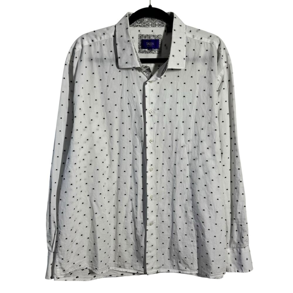 Tallia Shirt Men L White Black Polka Dot Abstract Inner Collar and Cuff Cotton
